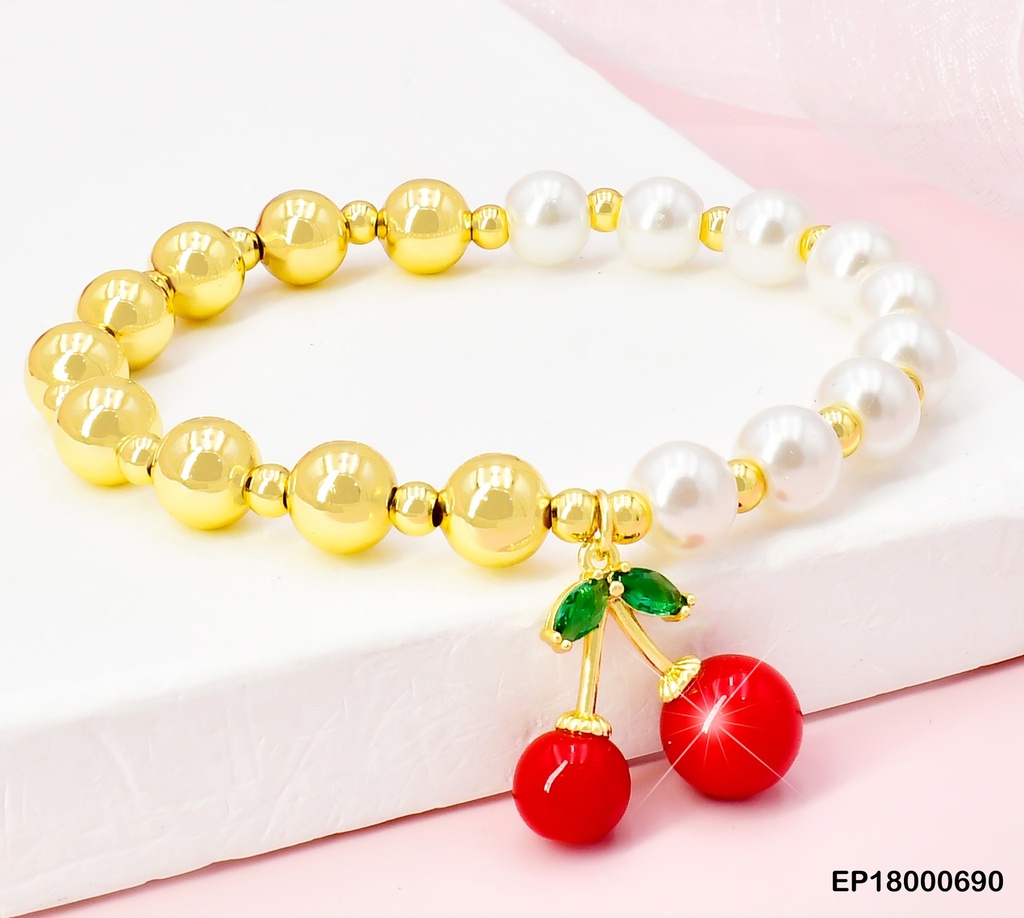 PULSERA PELOTAS/PERLAS DIJE:CEREZAS C/ HOJITAS BE403-9 (CHE)