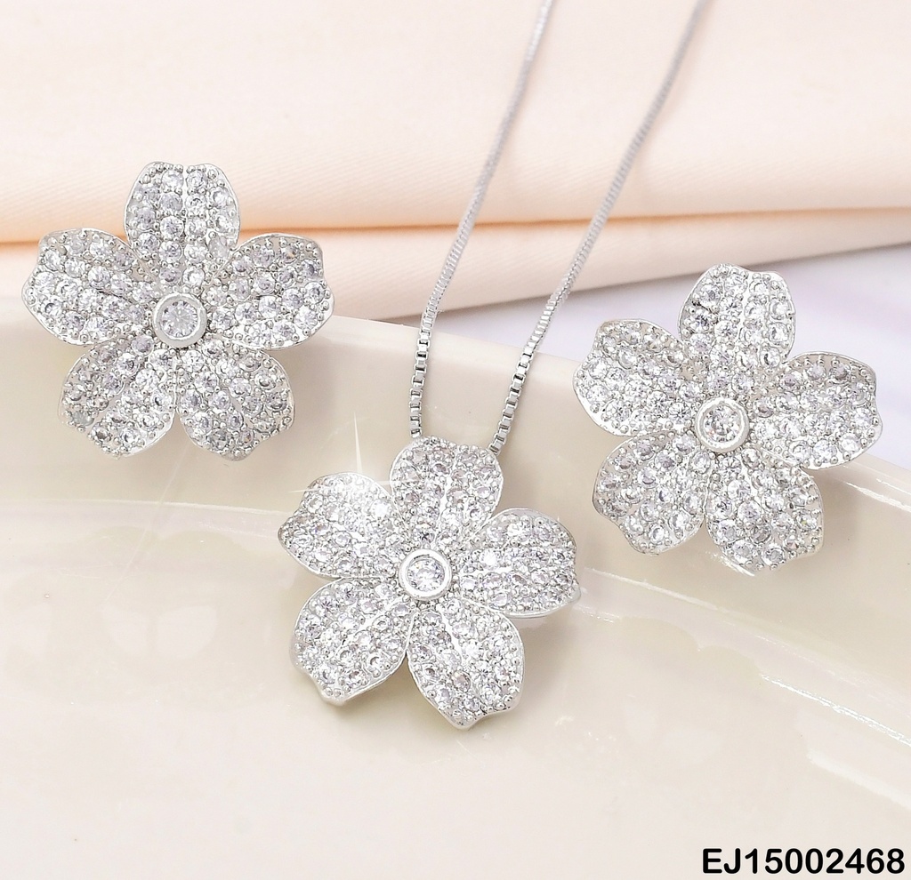 SET PLAT. FLOR 5 PETALOS ZIRC.CENTRO⚪ SE764-10
