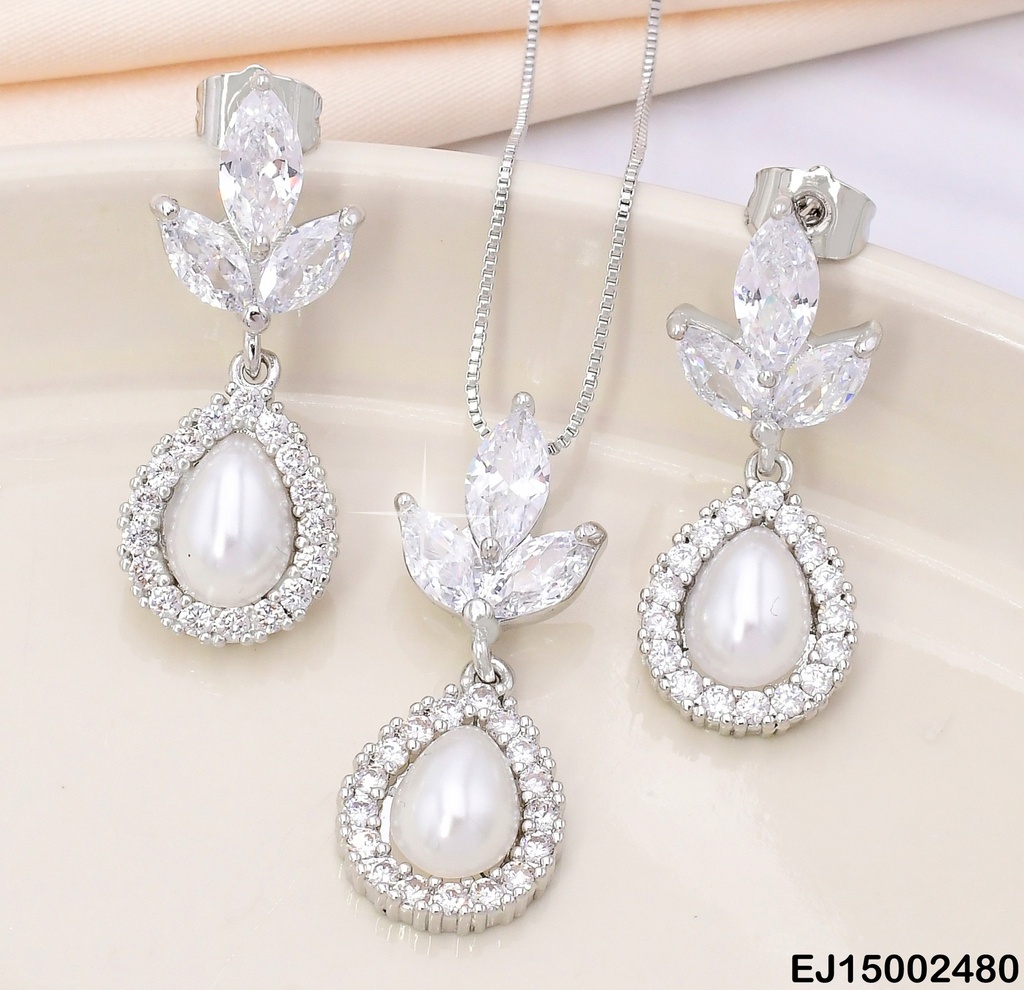 SET PLAT.3 PETALOS ZIRCONIAS C/GOTA PERLA SE790-104