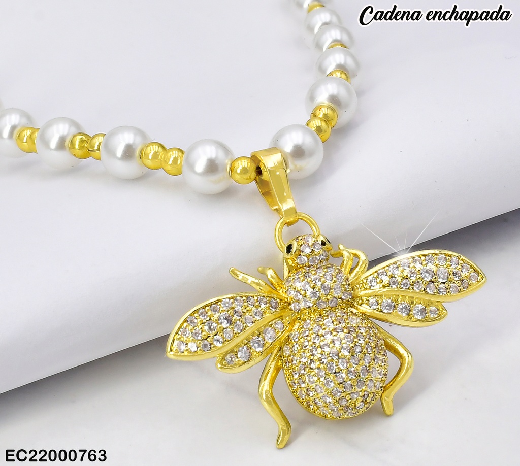 CADENA PERLAS/PELOTITAS. DIJE ABEJA ZIRC. CE204-313