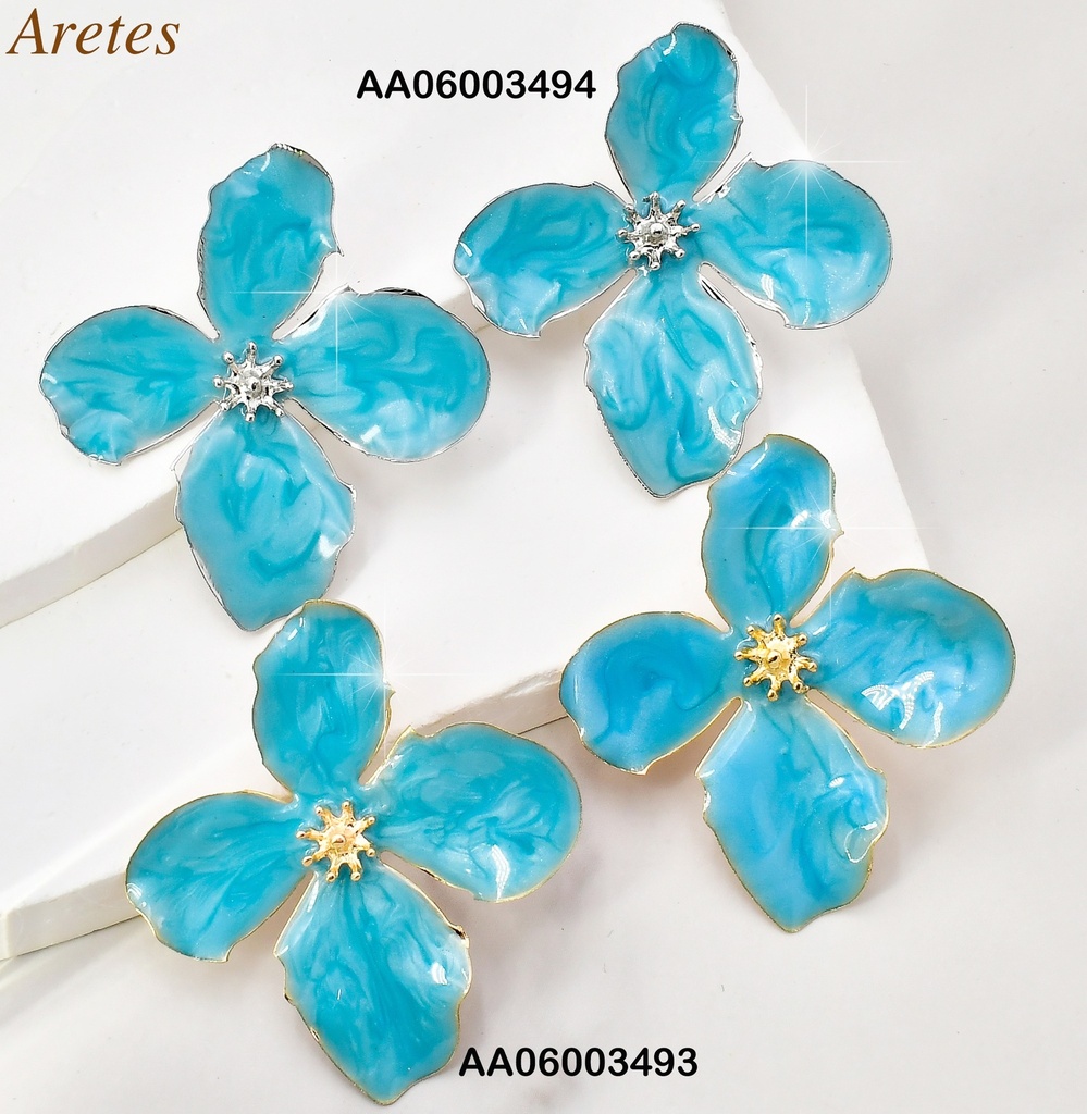 ARETES PLAT FLOR CELESTE ESMALTADA/ PET. IRREGULAR FD25261-K53