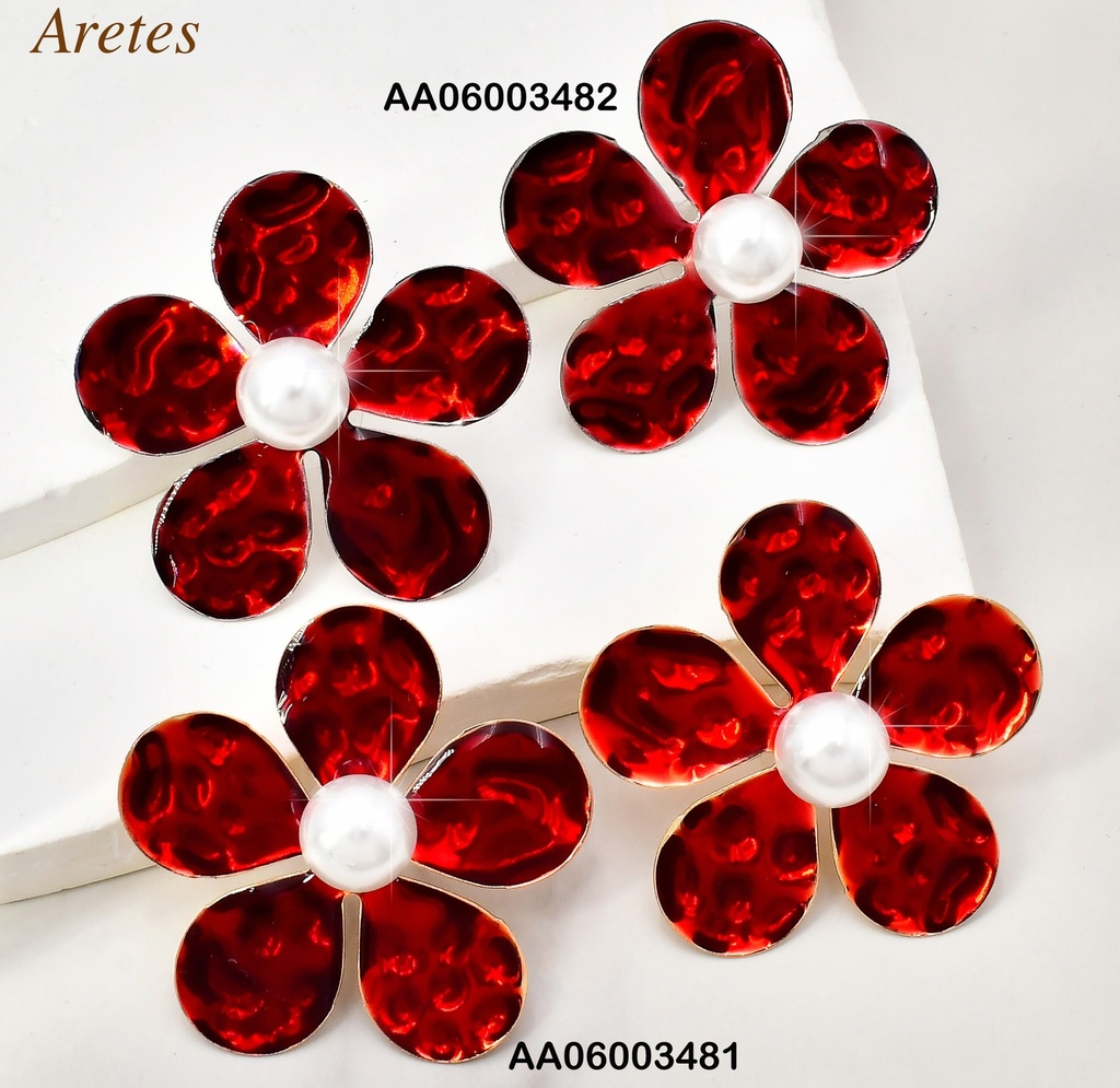 ARETES PLAT FLOR ROJA 5 PET. ESMALTADOS/PERLA CENTRO FD25268-K53