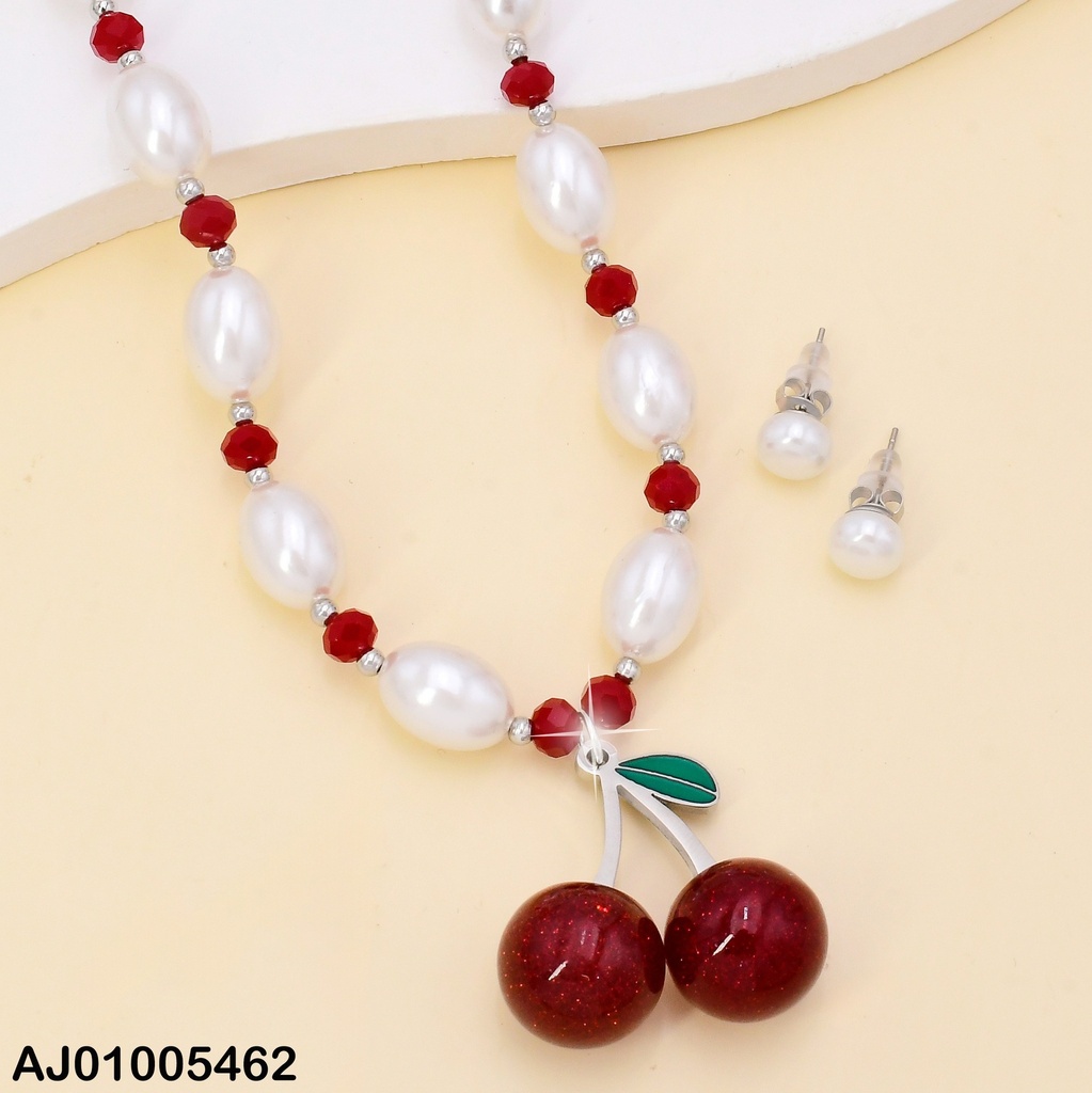 SET PLAT.PERLAS CULT.PELOTITAS🔴 DIJE CEREZAS SA961-45