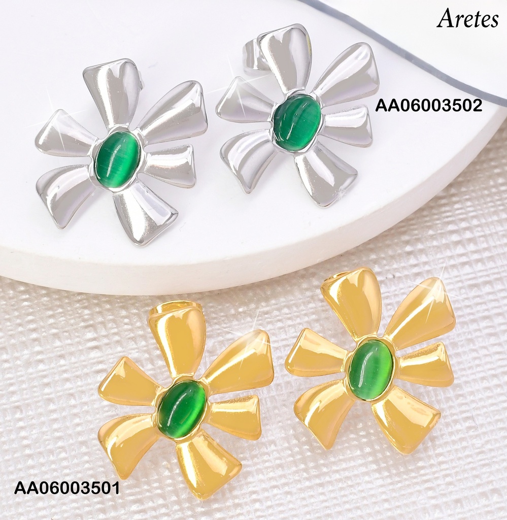 ARETES DOR FLOR PETALOS RECT. /PIEDRA VERDE VD084486-207