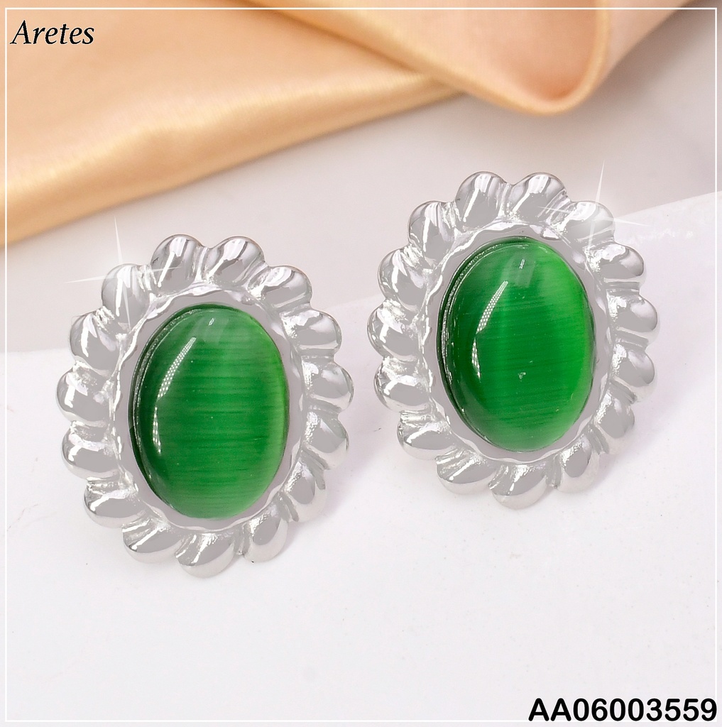 ARETES PLAT BORDE TORNEADO/OVALO VERDE VD084497-207
