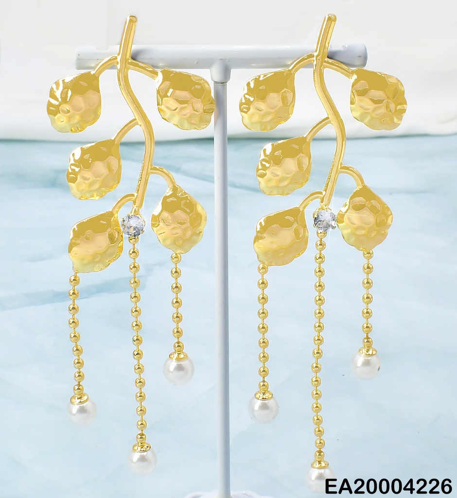 ARETES HOJAS INVERTIDAS C/CADENITA-3 PERLAS F8270