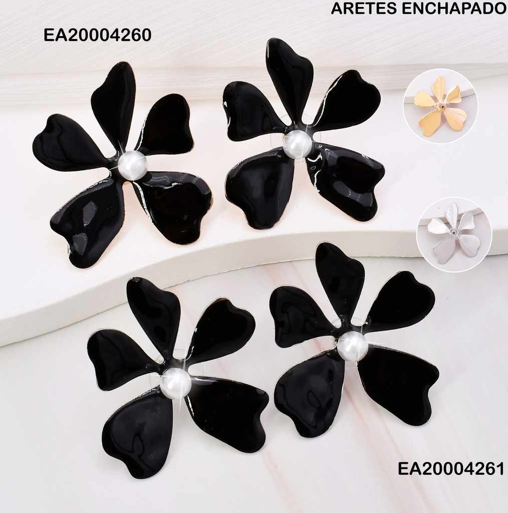 ARETES PLAT FLOR NEGRA ESMALTADA/PERLA CENTRO FD25243-K53