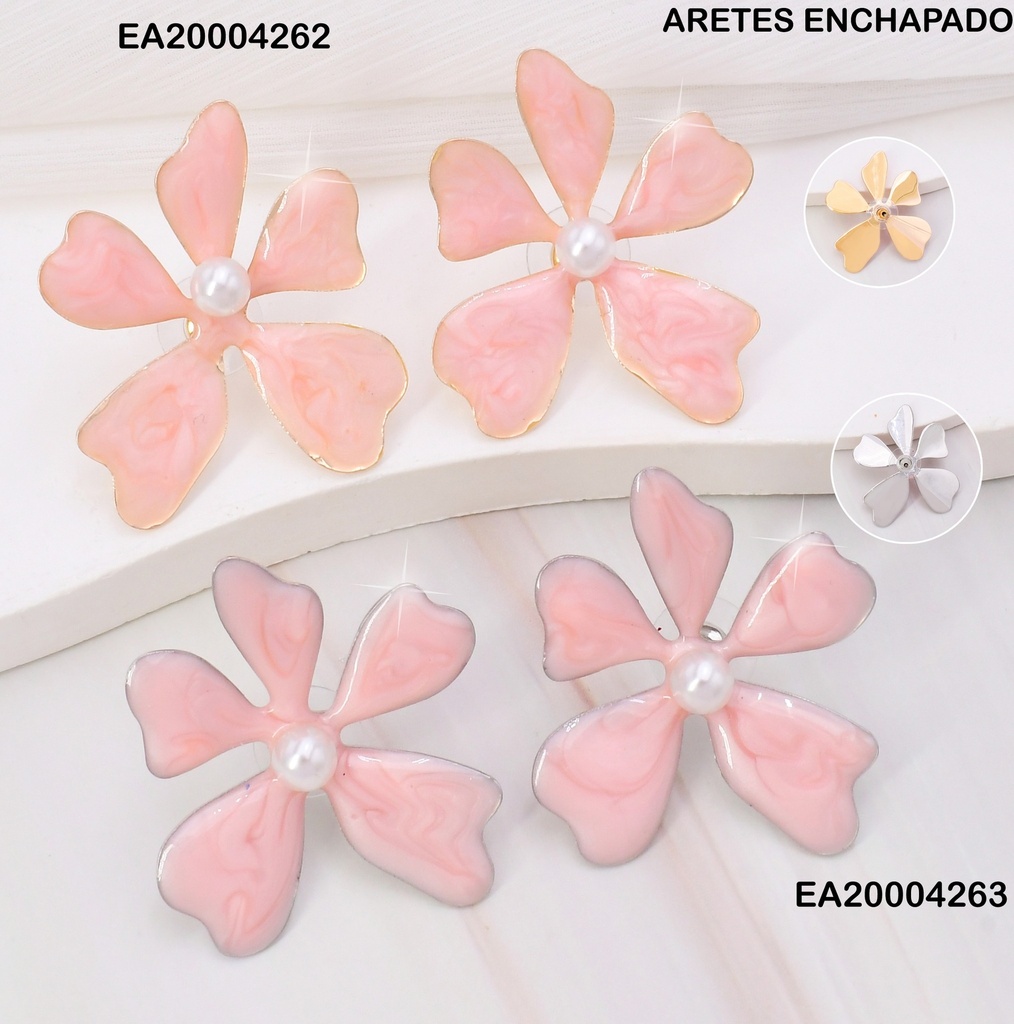 ARETES PLAT FLOR ROSA ESMALTADA/PERLA CENTRO FD25242-K53