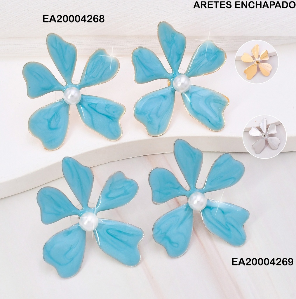 ARETES PLAT FLOR CELESTE ESMALTADA/PERLA CENTRO FD25247-K53