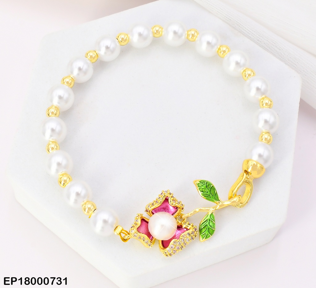 PULSERA PERLAS DIJE FLOR CON HOJITAS BE731-5 (TLP)