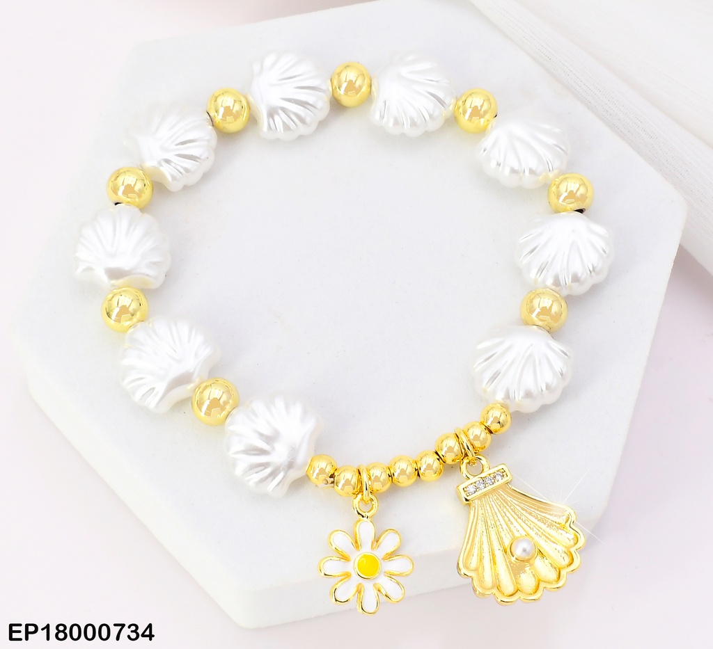 PULSERA PERLAS-PELOTITAS DOR BE748-294 DIJE:OSTRA/FLOR BLANCA (TLP)