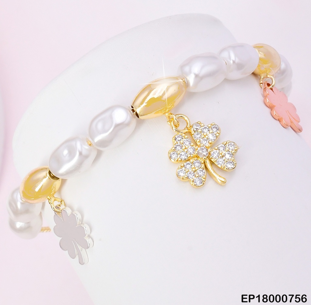 PULSERA PERLAS CULTIVADAS.DIJES 3 TREBOLES F7393