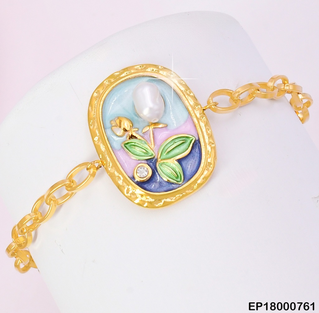 PULSERA CENTRO RECT.FLOR PERLA CULTIVADA/HOJITAS K8364