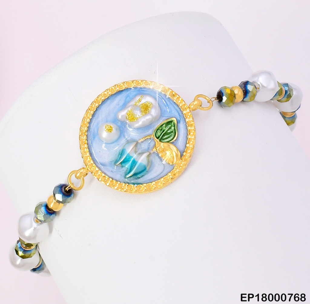 PULSERA CHAQUIRAS VERDES/PERLAS CENTRO RD FLOR B.K8358