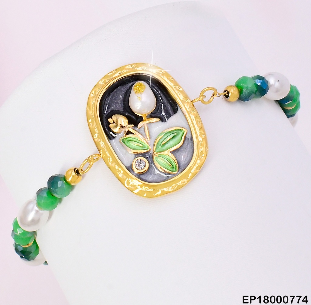 PULSERA CHAQUIRAS VERDES/PERLAS. CENTRO OV TULIPAN B.K8360