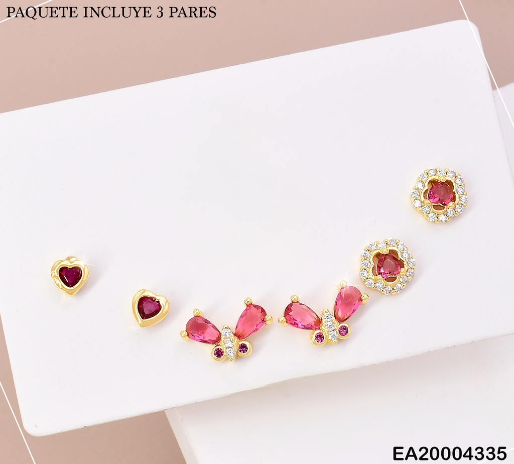 PAQ. 3 ARETES FUCSIA CORAZON/MARIPOSA/FLOR K8153-205