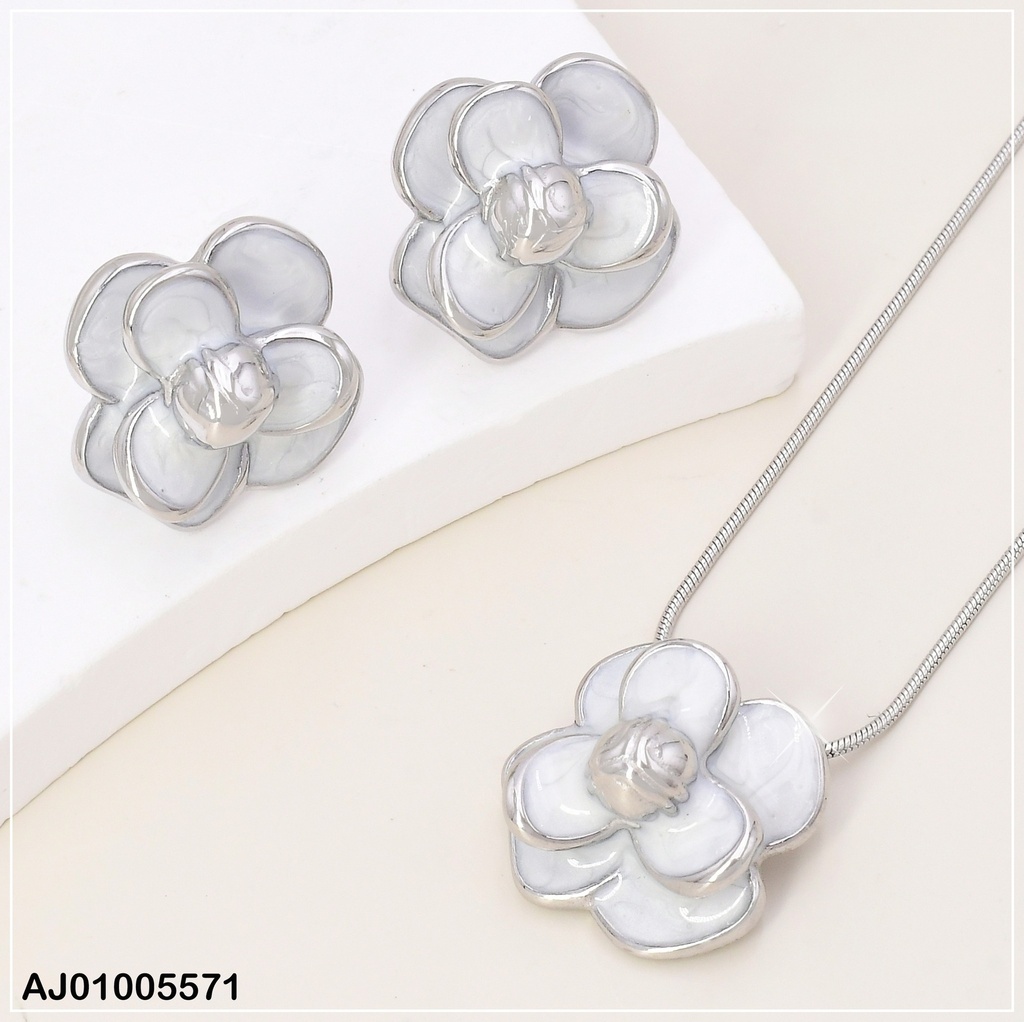 SET PLAT FLOR ESMALTADA DOBLE PETALOS BLANCOS SA1017-1