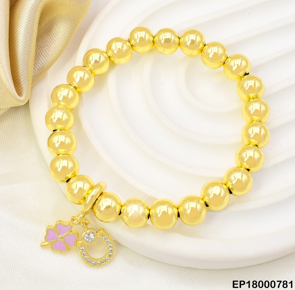 PULSERA PELOTITAS DOR.DIJE:TREBOL LILA-GUIRNALDA BE366-294