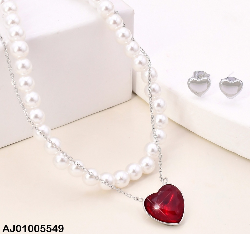 SET PLAT. ARETES🤍INF.DOBLE CAD.PERLAS/TRAD.DIJE:❤️SA981-45