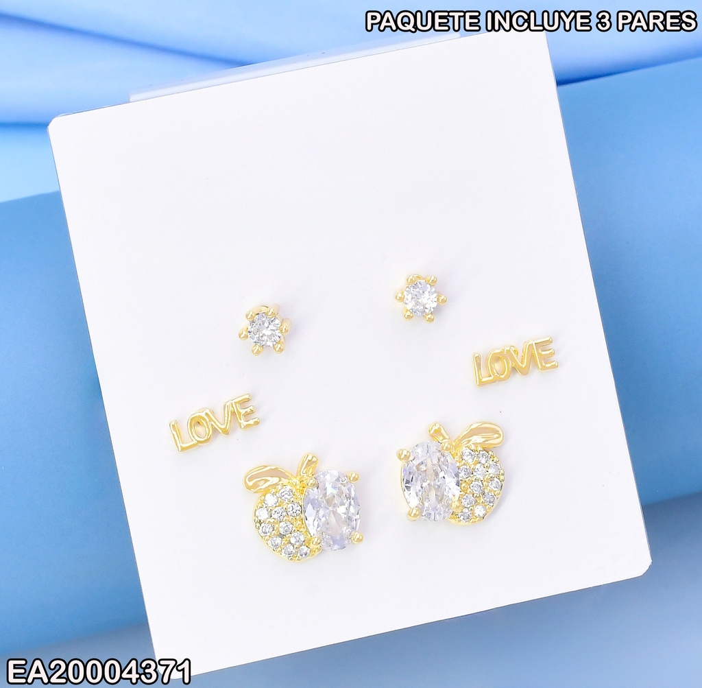 PAQ. 3 ARETES ZIRC.RD/"LOVE"/MANZANA ZIRC.SE876-3