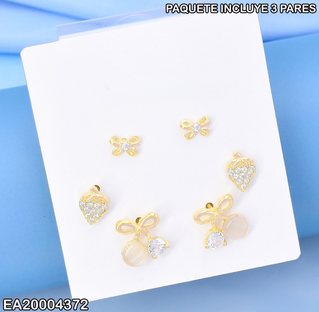 PAQ. 3 ARETES LAZITOS/🍓ZIRC./LAZO COLGANTE SE877-3