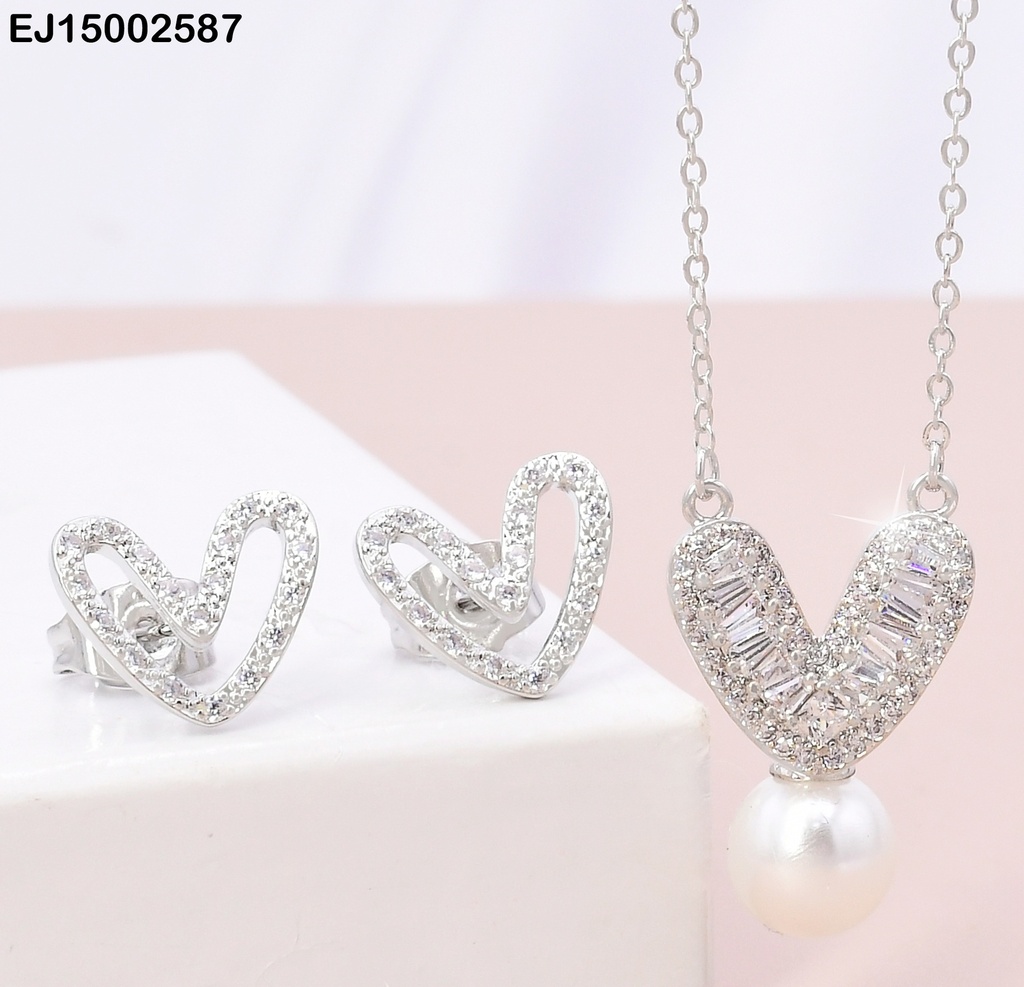 SET PLAT CROQUI CORAZON ZIRC/DIJE❤️ ZIRC RECT/PERLA SE855-3