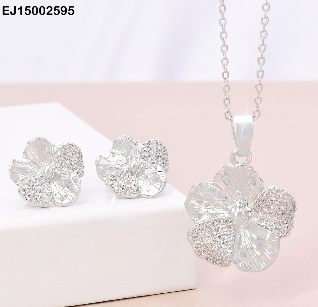SET PLAT FLOR PETALOS (3) RAYADOS (2) ZIRC. SE867-3