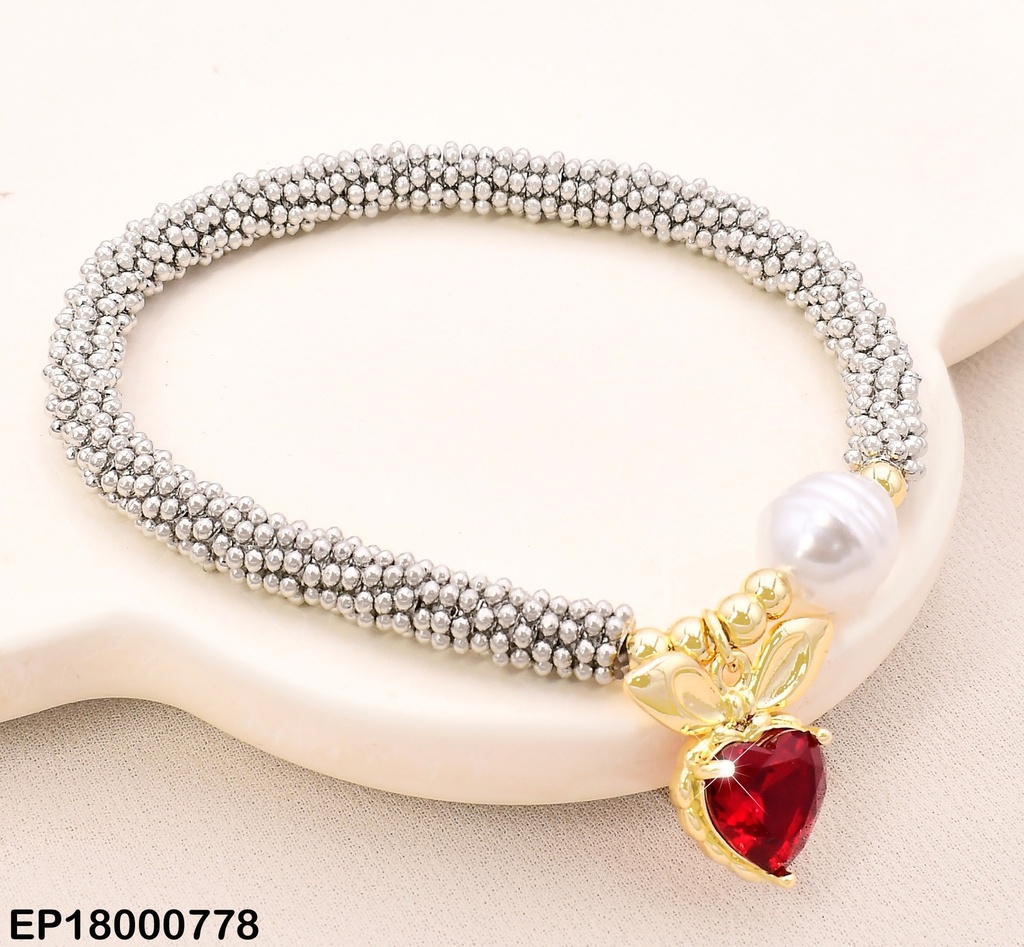 PULSERA PLAT PELOTITAS/DOR/PERLA/CORAZON LAZO PART. SUPERIOR BE350-9
