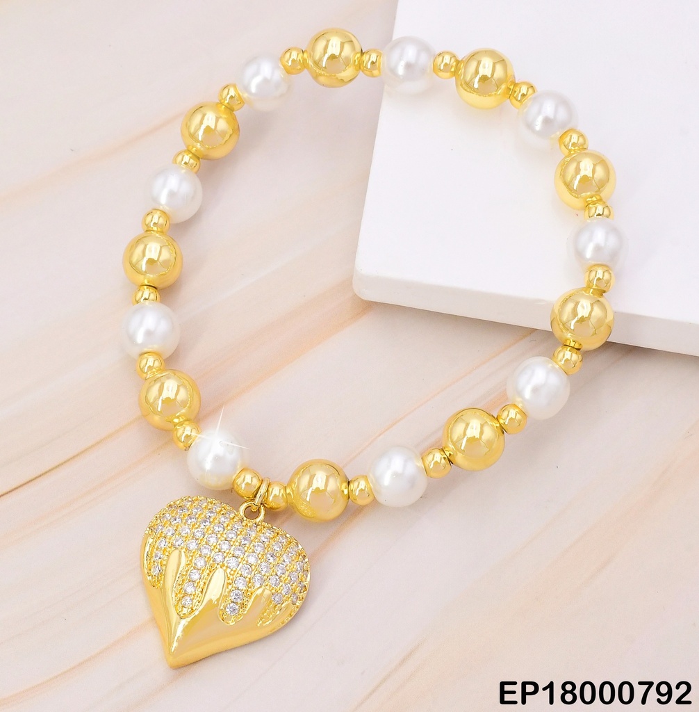 PULSERA PELOTITAS DOR/PERLAS/CORAZON ZIRC BE408-9