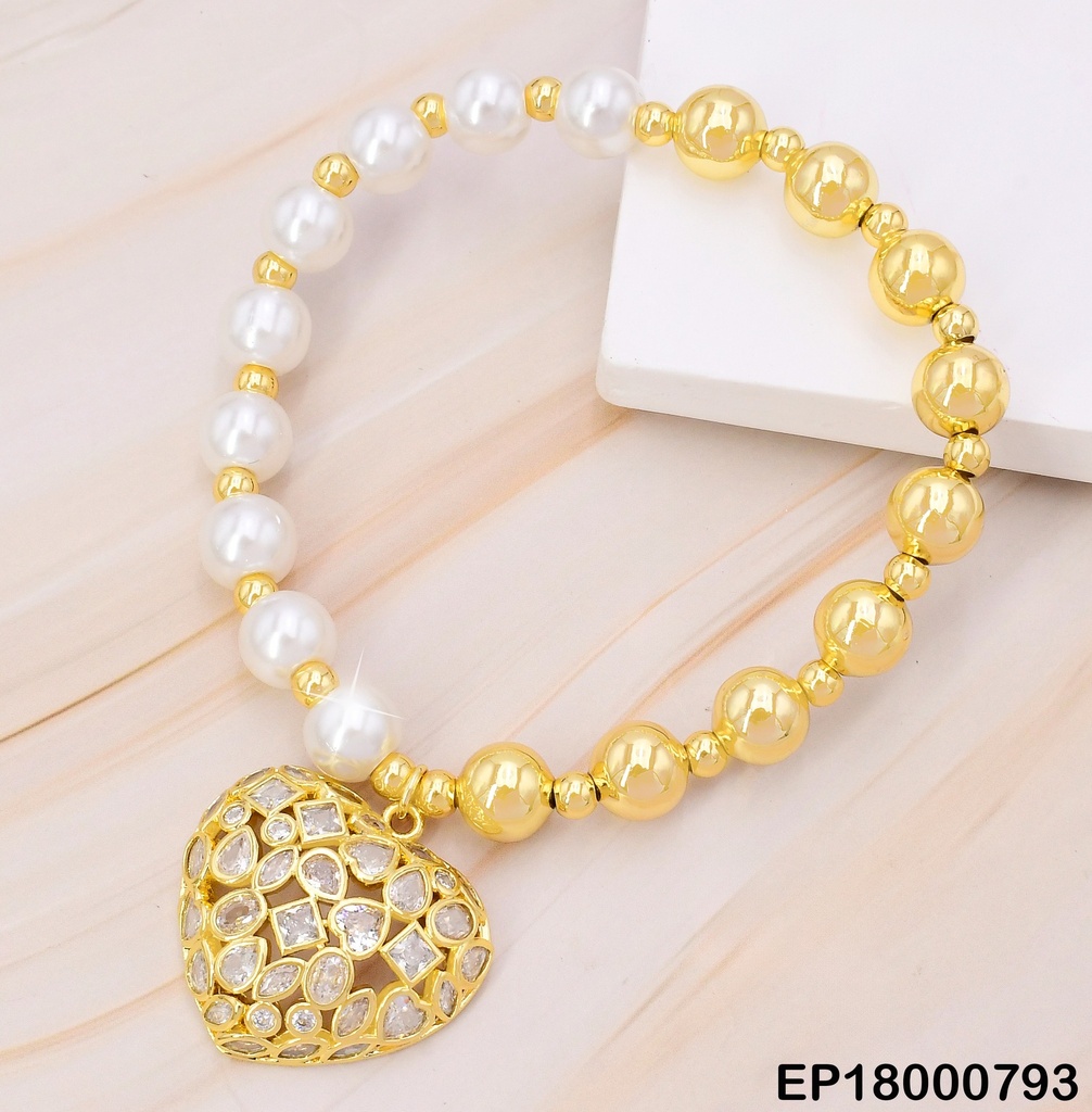 PULSERA PELOTITAS DOR/PERLAS/CORAZON ZIRC. FORMAS SURT BE409-9
