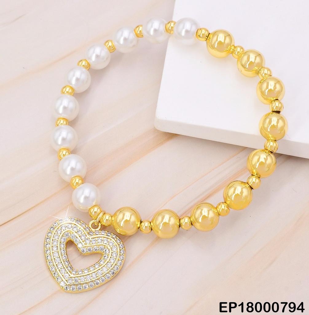 PULSERA PELOTITAS DOR/PERLAS/CROQUI CORAZON ZIRC. BE410-9