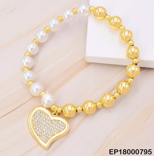 PULSERA PELOTITAS DOR/PERLAS/CORAZON  BE411-9