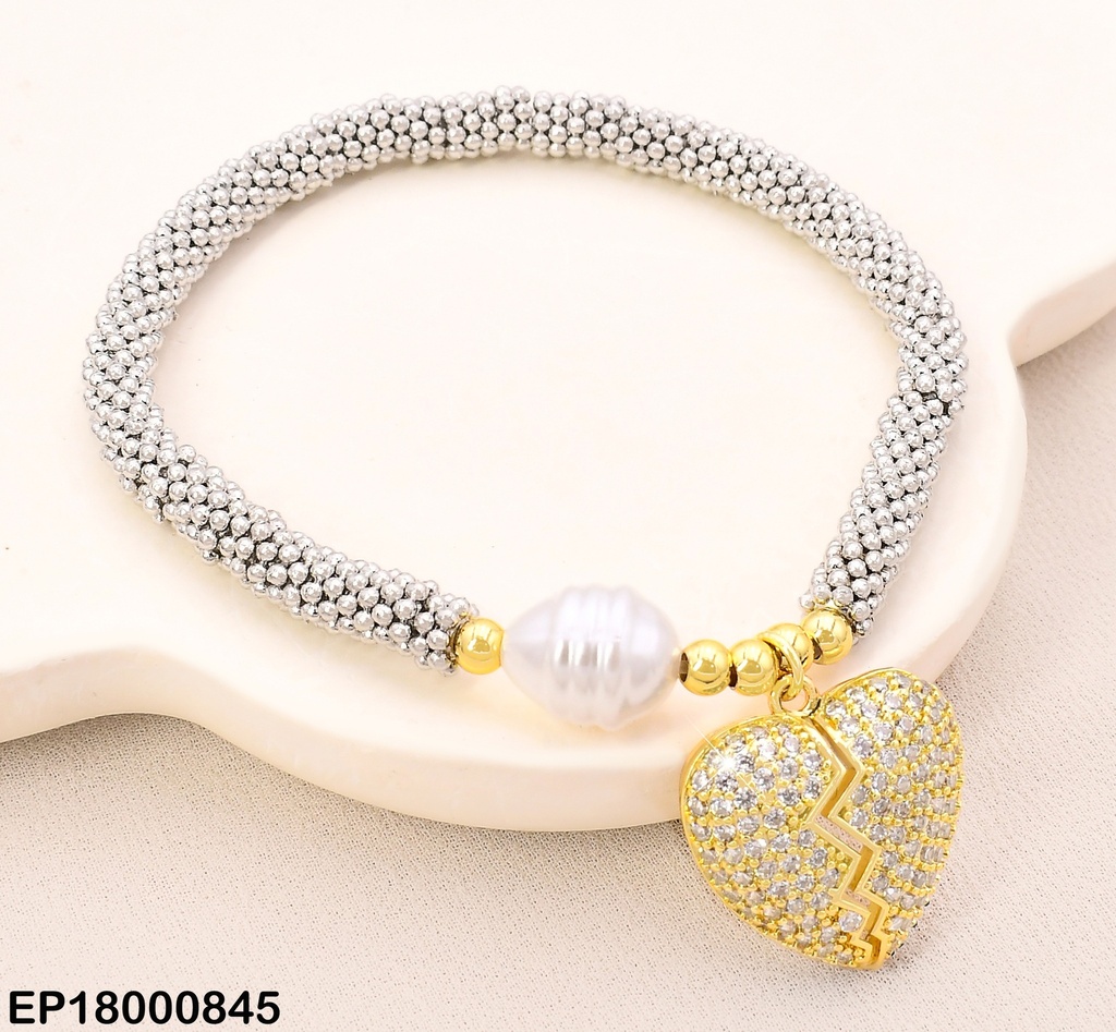 PULSERA PLAT PELOTITAS/DOR/PERLA/CORAZON ROTO DOR-CRISTAL BE929-9