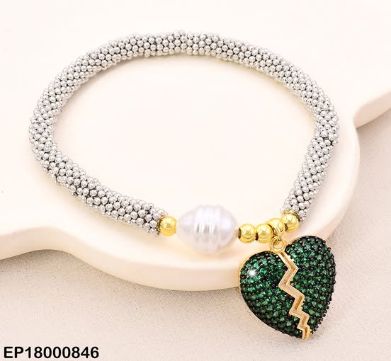 PULSERA PLAT PELOTITAS/DOR/PERLA/CORAZON ROTO VERDE BE930-9