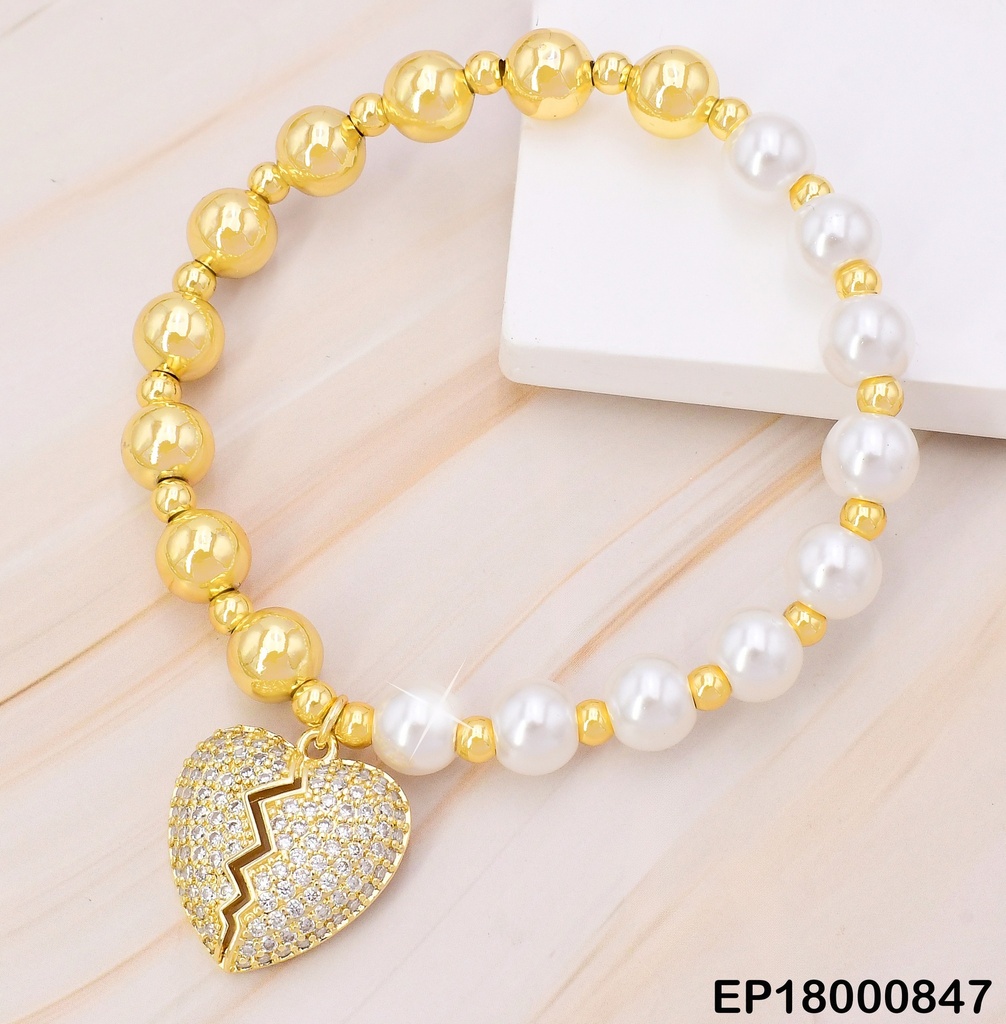 PULSERA PELOTITAS DOR/PERLAS CORAZON ROTO CENTRO BE931-9