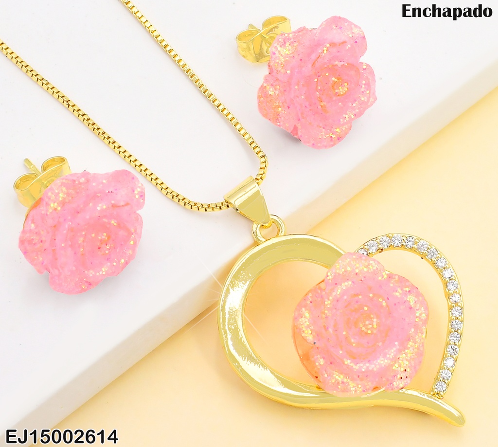 SET ROSA ROSADA ESCARCHADA,DIJE C/CROQUI CORAZON ZIRC.SE1126-9