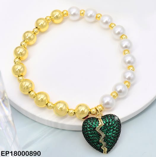 PULSERA PELOTITAS DOR/PERLAS CORAZON ROTO VERDE BE934-9
