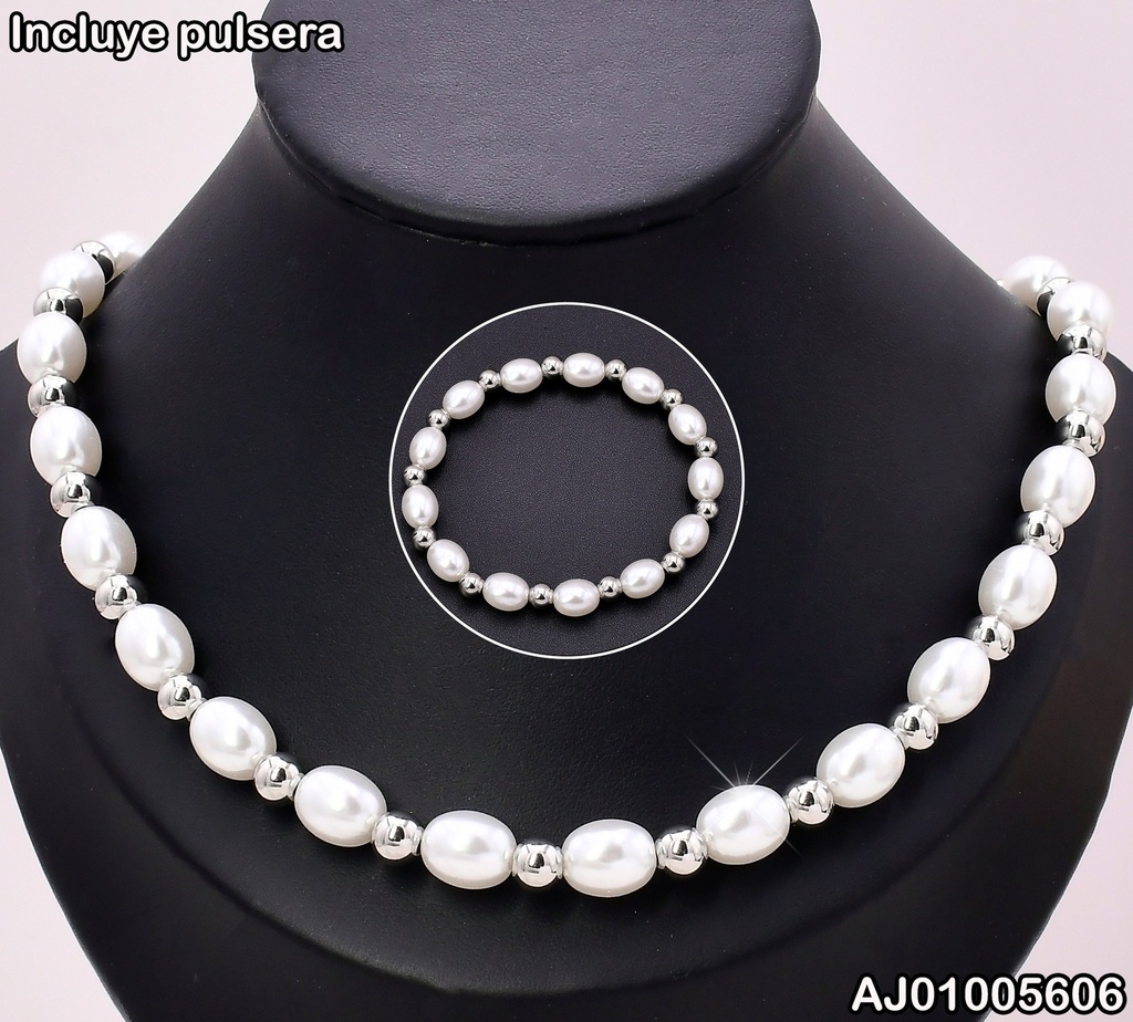SET PLAT.CADENA-PULSERA PERLAS/PELOTITAS KS224996-Z