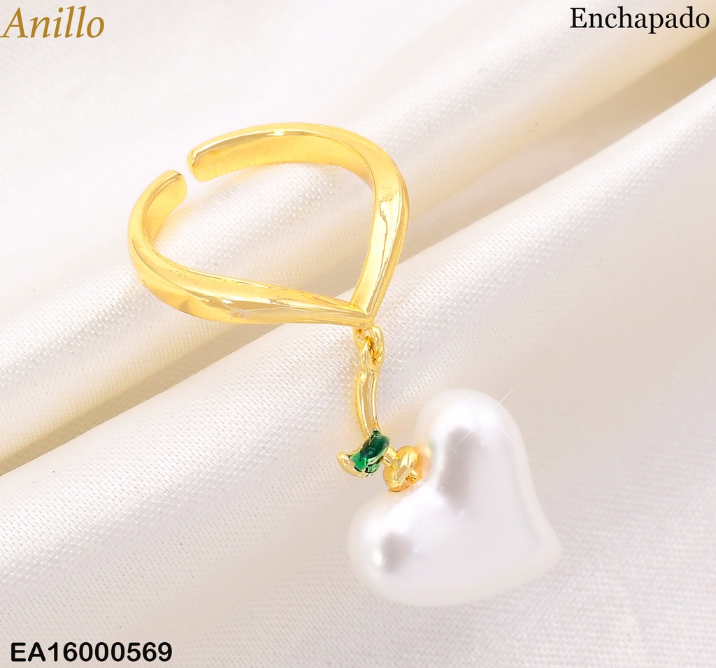 ANILLO "V" DIJE:CORAZON BLANCO C/HOJITA RE182-9