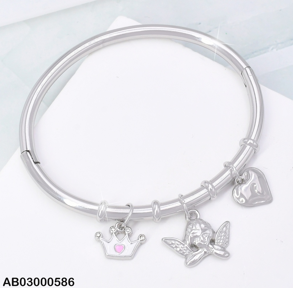 BRAZALETE PLAT. LISO C/3 DIJES👑/👼/🤍 KB204425-SXSJ