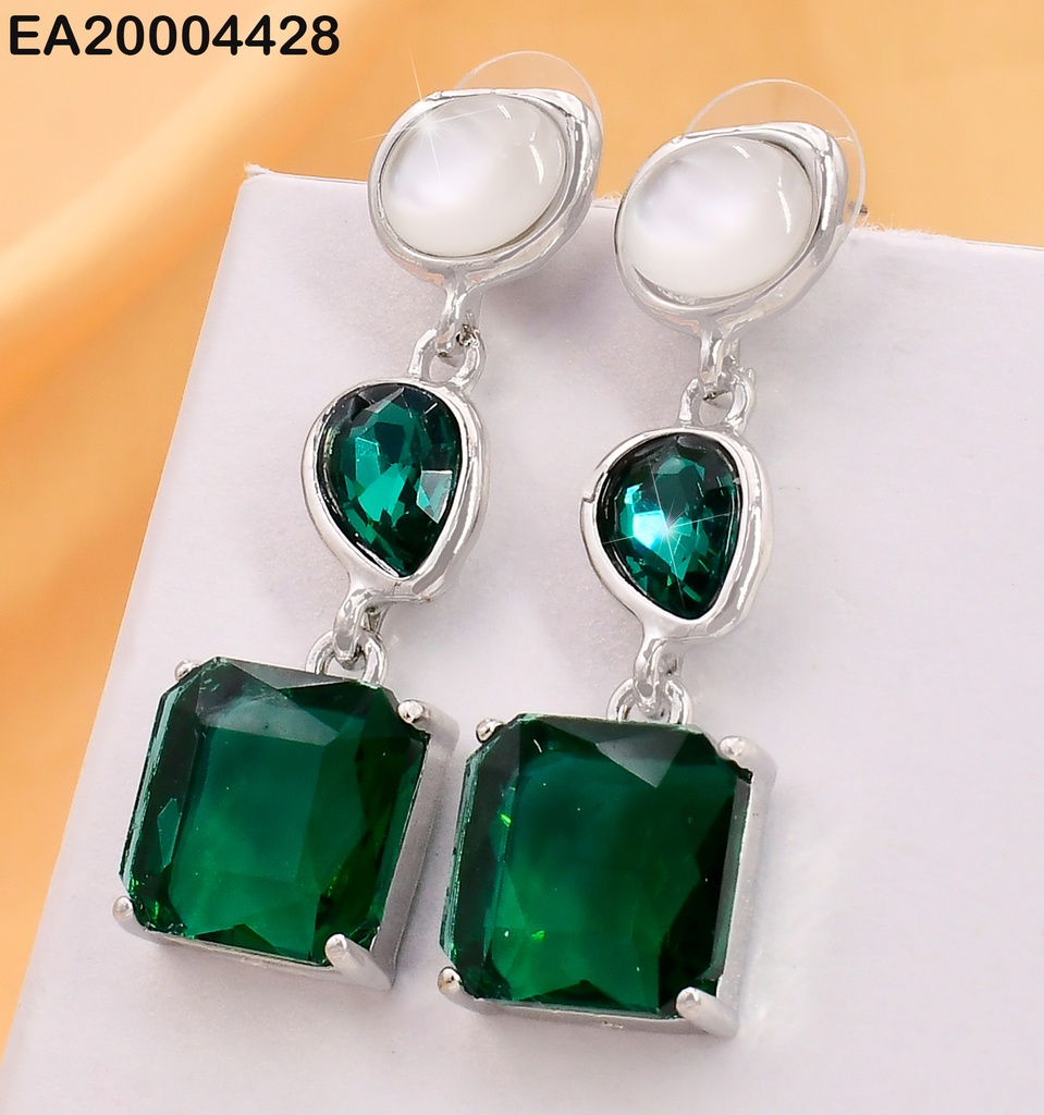 ARETES PLAT/OVALO BLANCO/ZIRC GOTA & CUADRO VERDE EE3979-317