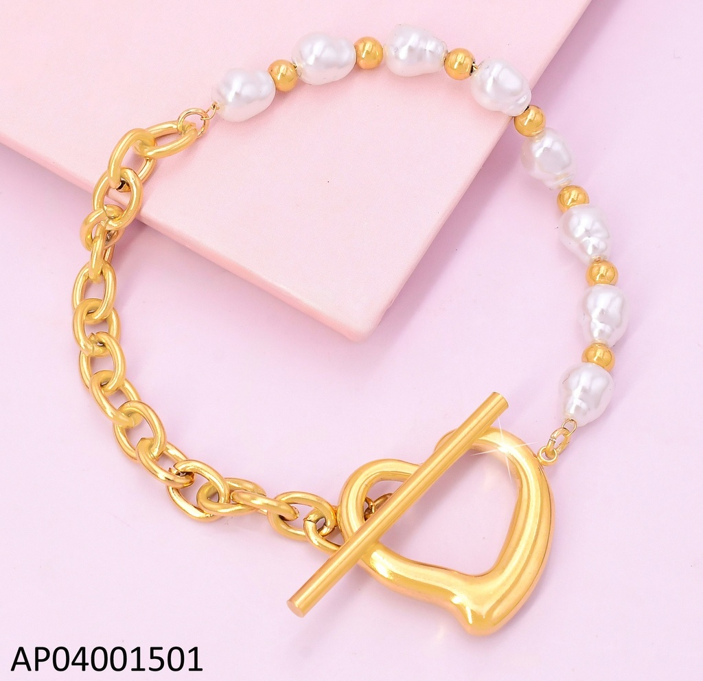 PULSERA DOR ESLAB. / PERLAS CIERRE CORAZON BA2117-45