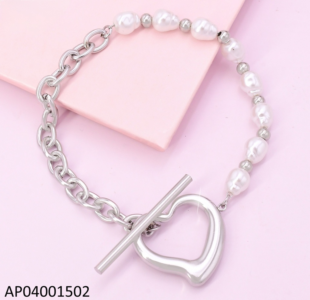 PULSERA PLAT ESLAB. / PERLAS CIERRE CORAZON BA2118-45