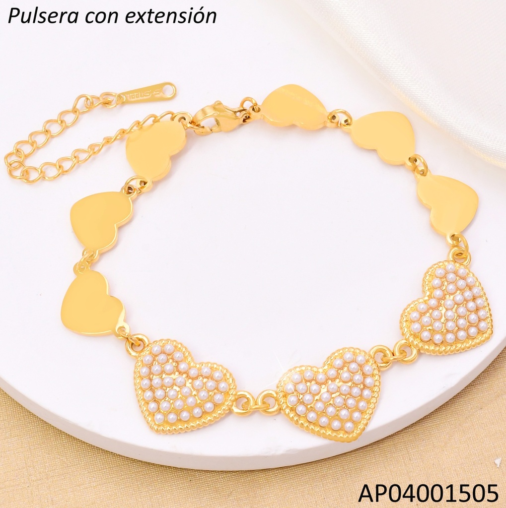PULSERA DOR CORAZONES LISOS/PERLAS BA2228-45
