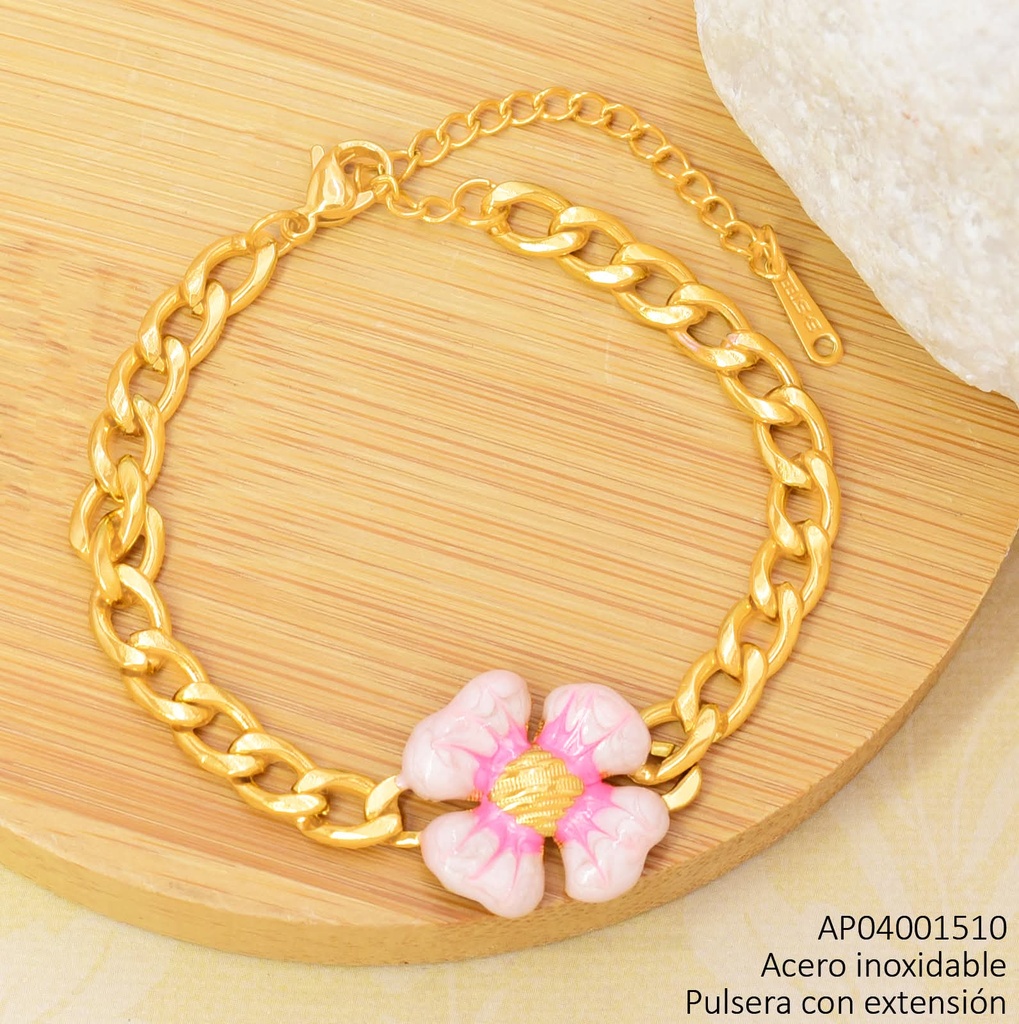 PULSERA DOR ESLAB. FLOR ROSADO  ESMALTADA BA2235-45