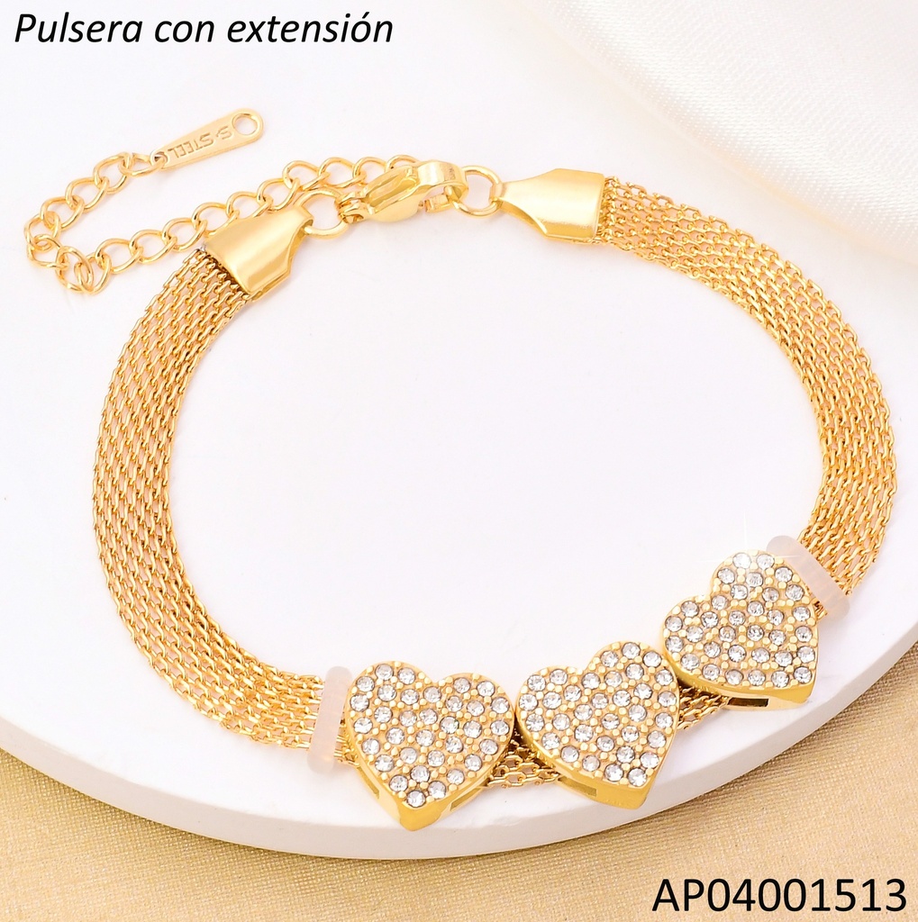 PULSERA DOR MALLA 3 CORAZONES ZIRC. CENTRO BA2236-45