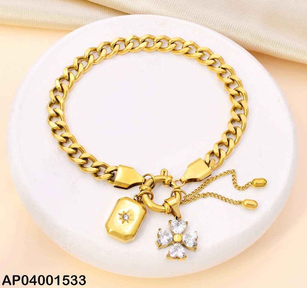 PULSERA ESLABON/ FLOR ZIRC/CUADRO DOR KB204426-SXSJ
