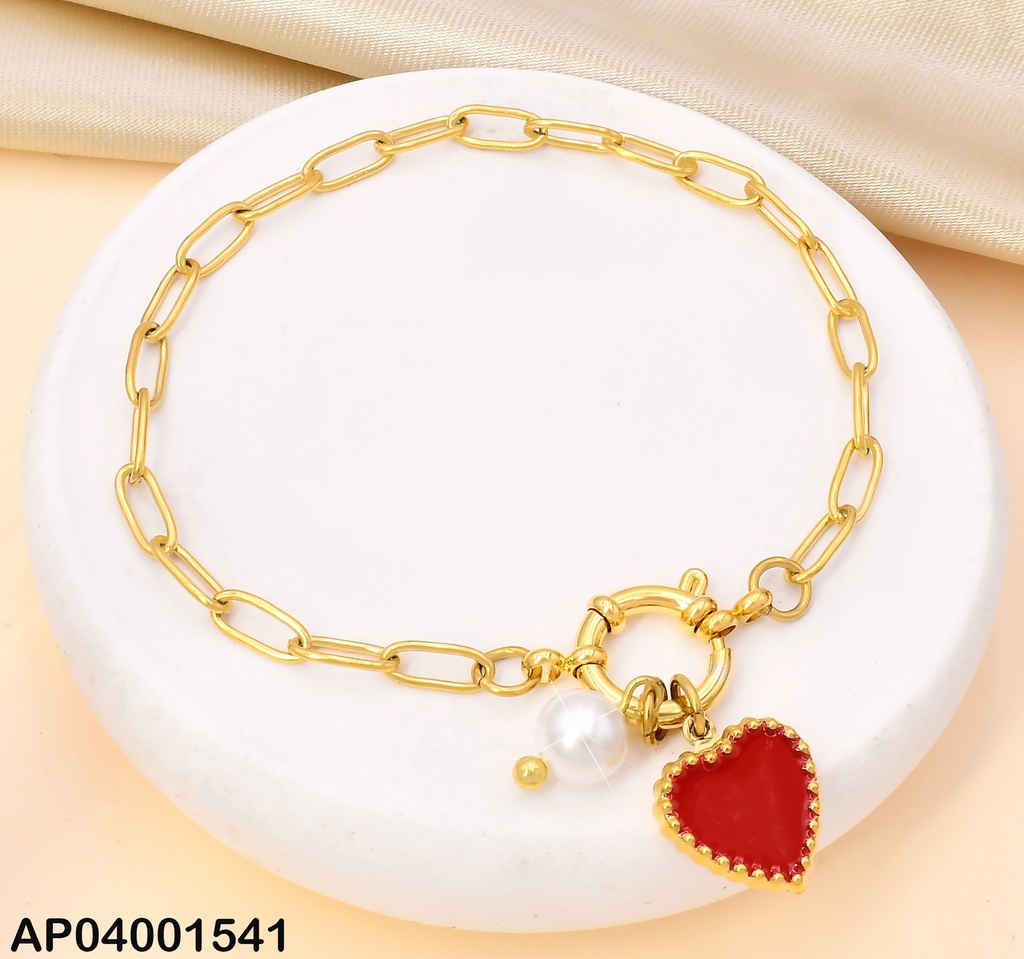 PULSERA ESLABON CORAZON ROJO PERLA KB204713-Z