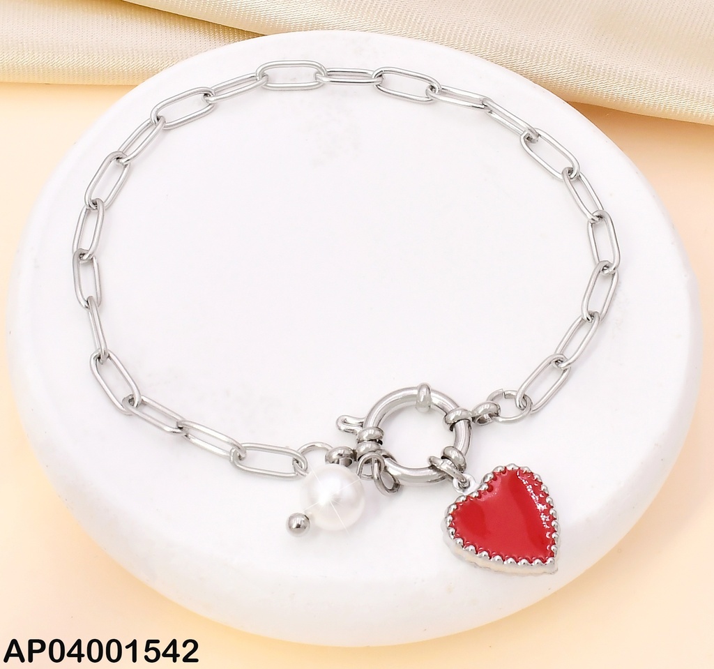 PULSERA ESLABON CORAZON RED PERLA PLAT KB204713-Z