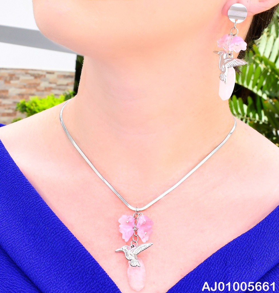 SET PLAT CADENA SERPIENTE/PAJARITO/FLORES ROSA KS225721-FA